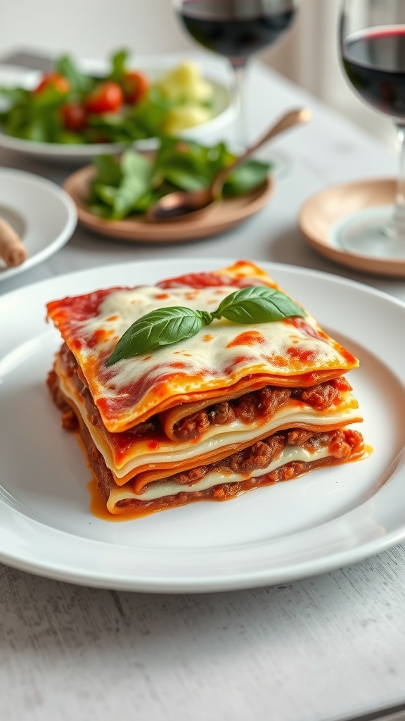 A plated classic Italian lasagna with layers of meat sauce and cheese, garnished with basil.